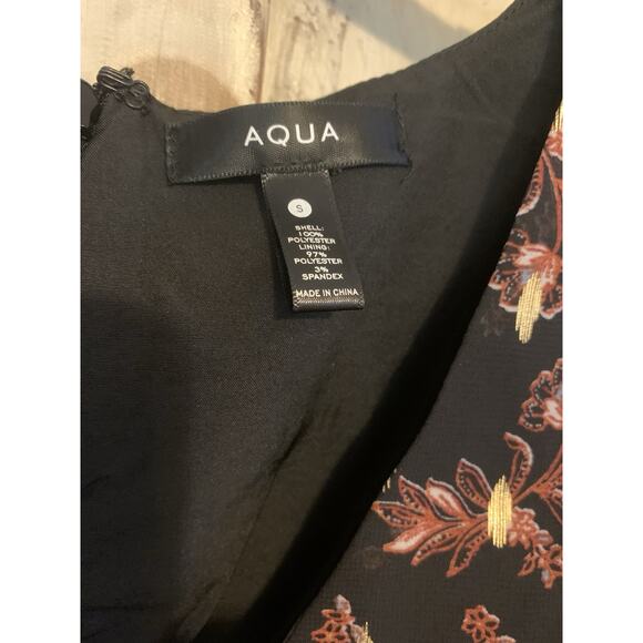 Aqua Floral Metallic Gold Print V-Neck Cocktail Party Mini Dress Long Sleeves XS - Picture 9 of 16